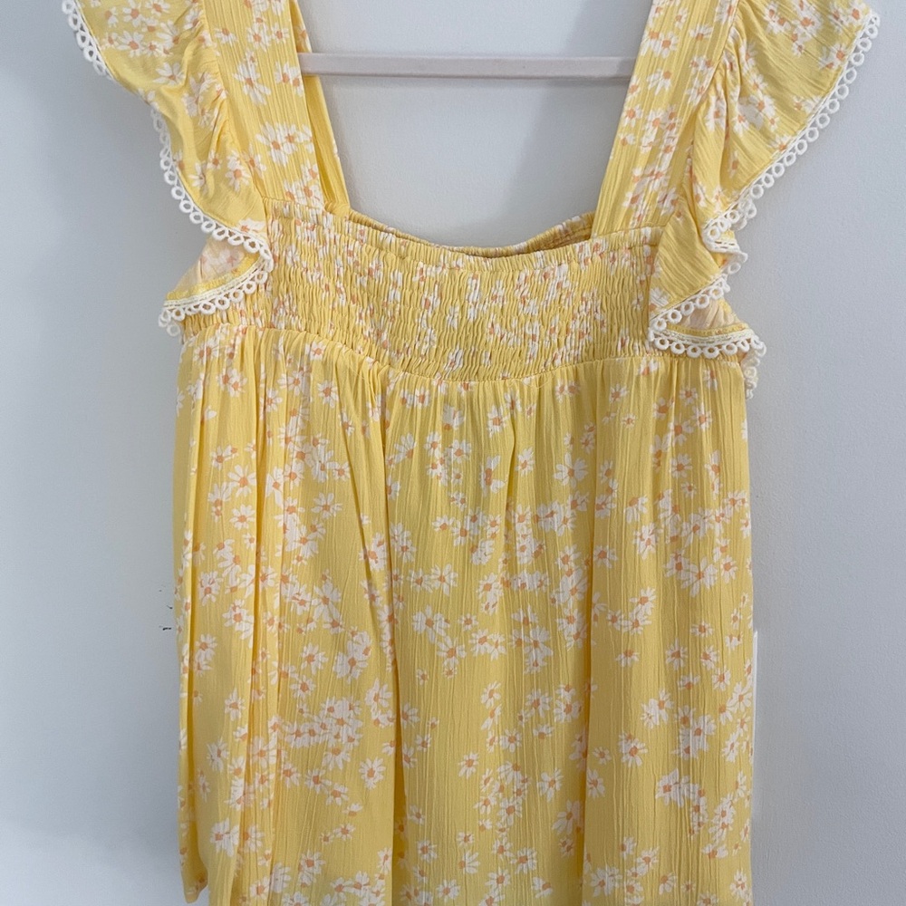 Yellow Floral Smocked Flutter Sleeve Blouse Cottagecore Boho Summer Top Women’s
